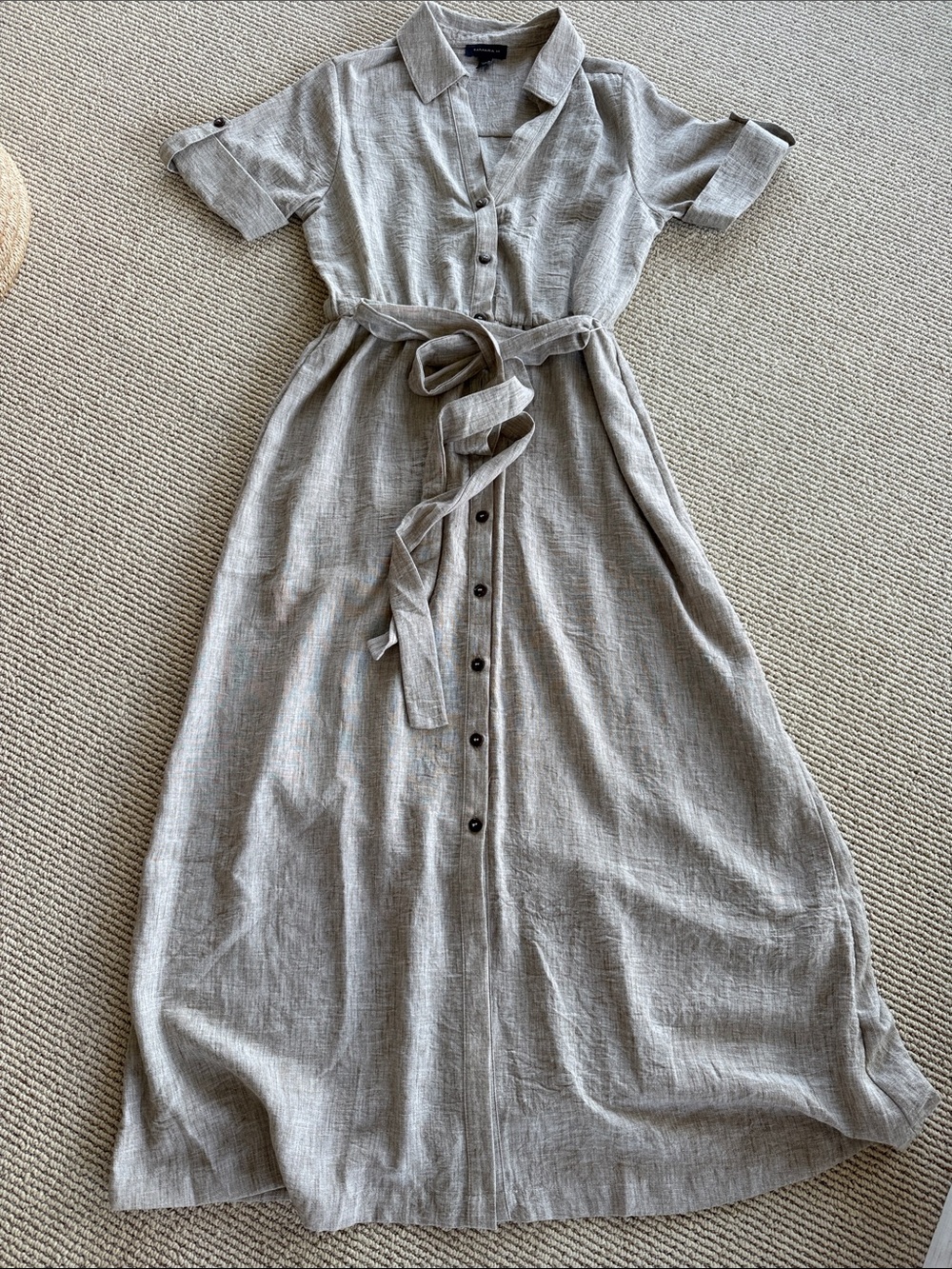 Button-Front Maxi Shirt Dress with Self-Tie Waist in Light Taupe